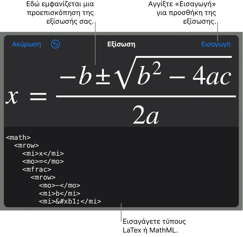 Το πλαίσιο διαλόγου «Εξίσωση», στο οποίο εμφανίζεται μια εξίσωση που έχει γραφεί με χρήση εντολών MathML και μια προεπισκόπηση του τύπου από πάνω.