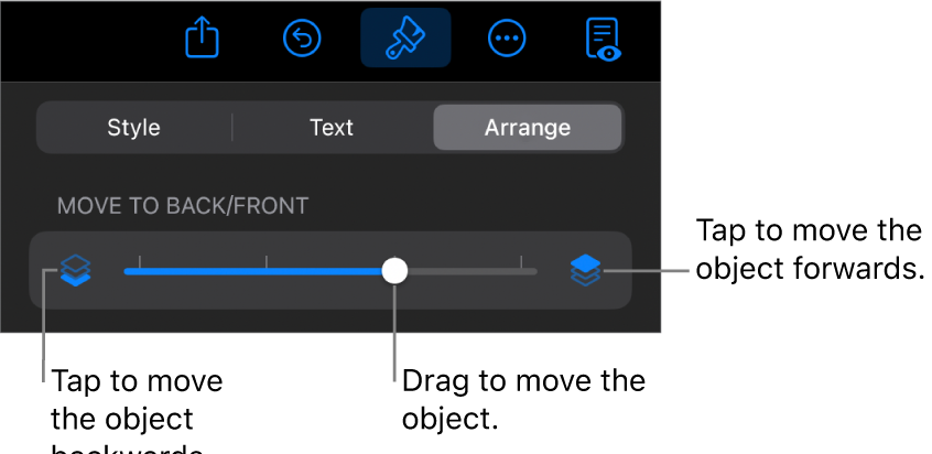 The Move Backward button, the Move Forward button and the layering slider.