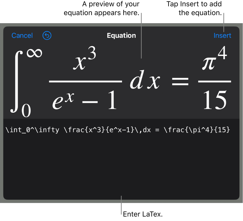 The Equation dialogue, showing an equation written using LaTex commands, and a preview of the formula above.