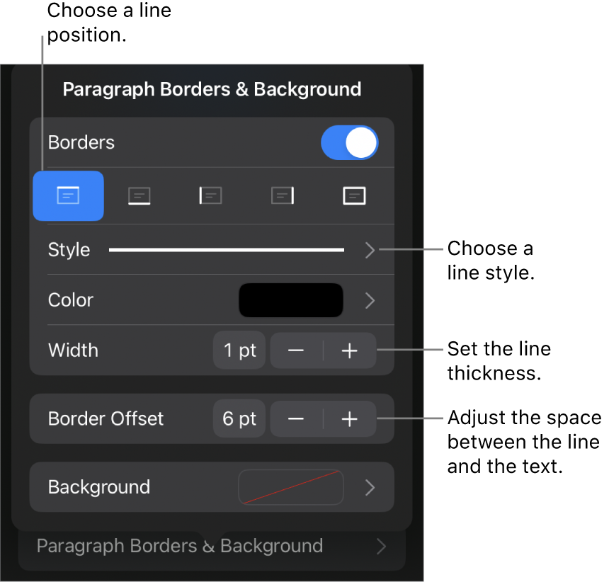 Controls to change the line style, thickness, position, and color.