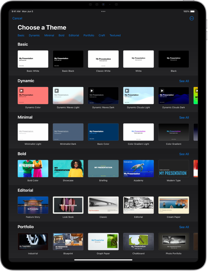 The theme chooser, showing a row of categories across the top that you can tap to filter the options. Below are thumbnails of predesigned themes arranged in rows by category.