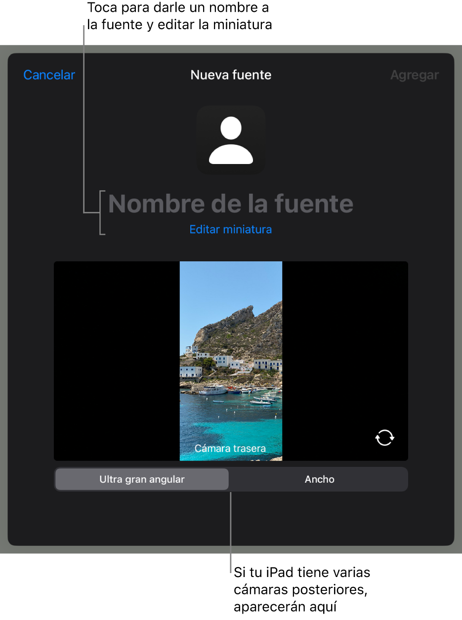 La ventana Nueva fuente, con controles para cambiar el nombre de la fuente y la miniatura que se muestra sobre la vista previa en vivo de la cámara. Si tu iPad tiene varias cámaras posteriores, aparecerán botones para seleccionarlas en la parte inferior de la pantalla.