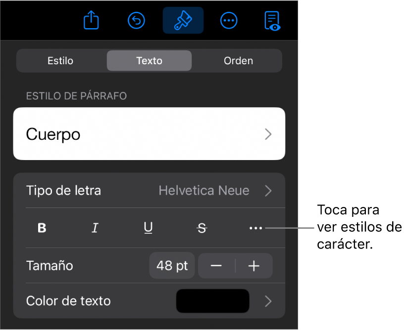 Los controles de formato con los estilos de párrafo en la parte superior, seguidos de los controles para Tipo de letra. Debajo de Tipo de letra aparecen los botones Negrita, Cursiva, Subrayado, Tachado y Más opciones de texto.