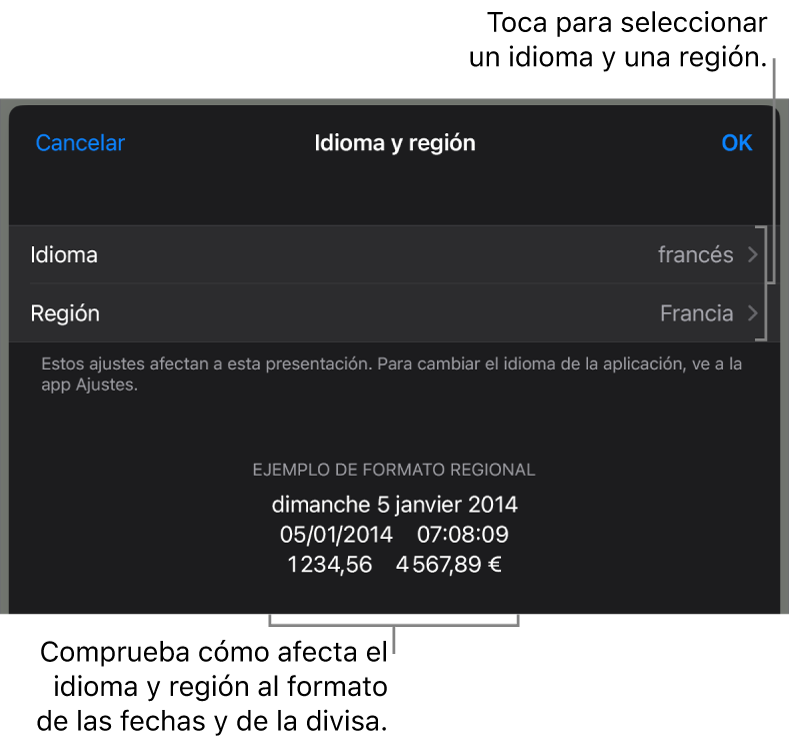 Panel “Idioma y región” con controles para el idioma y la región, y un ejemplo de formato que incluye la fecha, la hora, los decimales y la divisa.