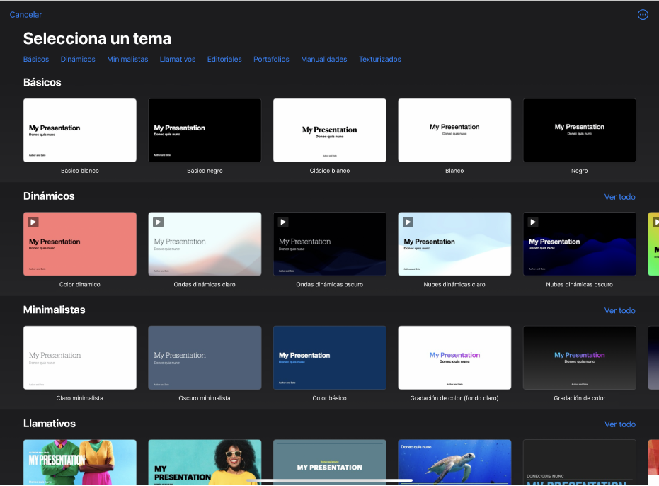 El selector de tema, mostrando una fila de categorías a lo largo de la parte superior que puedes tocar para filtrar las opciones. Debajo hay miniaturas de temas prediseñados organizados en filas por categorías.