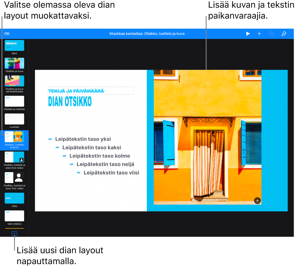 Dian layout diapohjalla ja Lisää dian layout ‑painike diojen rakennenäkymän alareunassa.