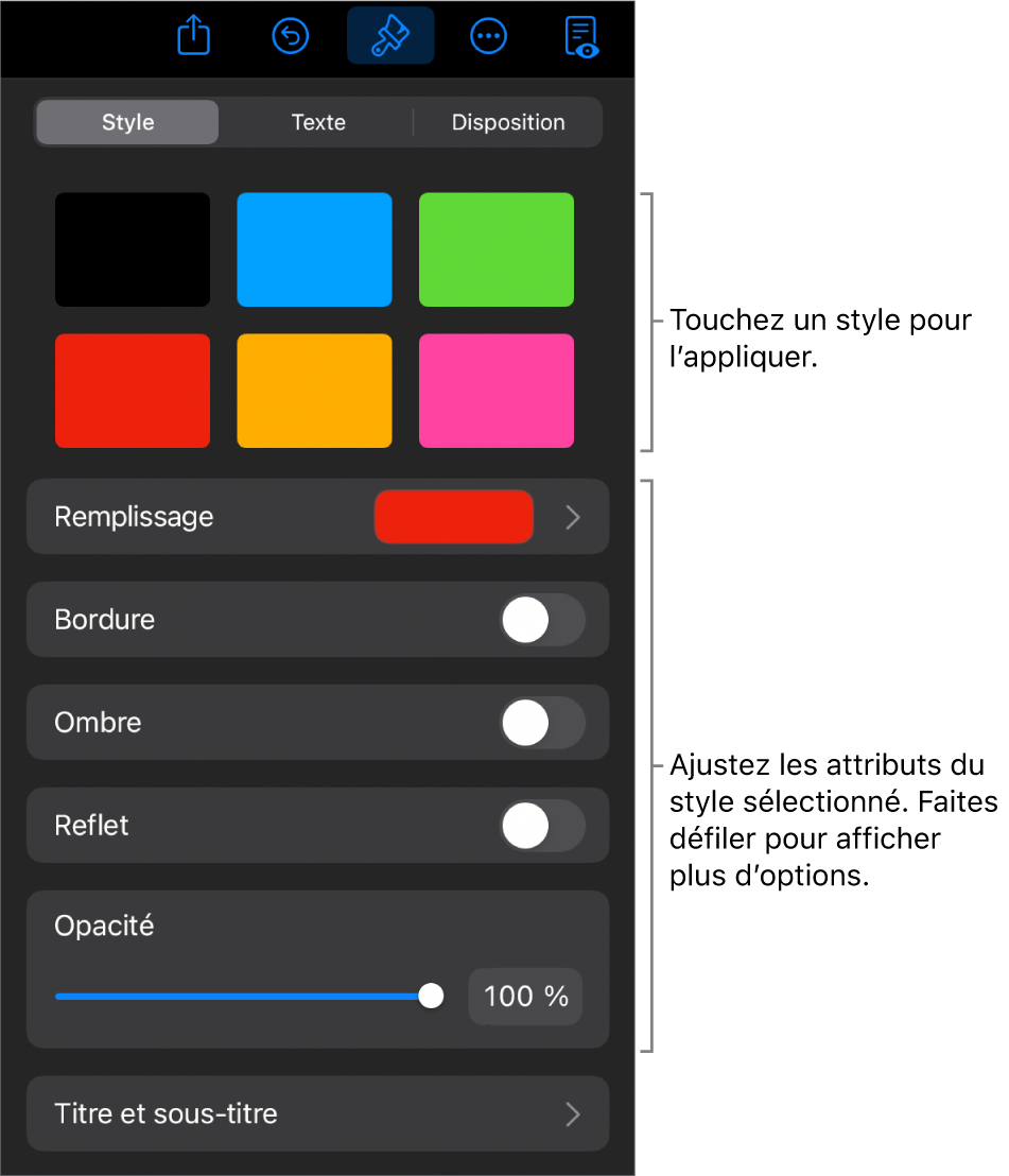 L’onglet Style du menu Format avec les styles d’objet en haut et des commandes au-dessous pour modifier la bordure, l’ombre, le reflet et l’opacité.