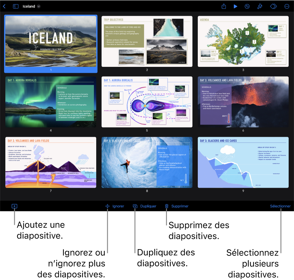 Présentation du mini panorama avec des boutons en bas de l’écran pour ajouter, ignorer, dupliquer et supprimer des diapositives, et pour sélectionner plusieurs diapositives.