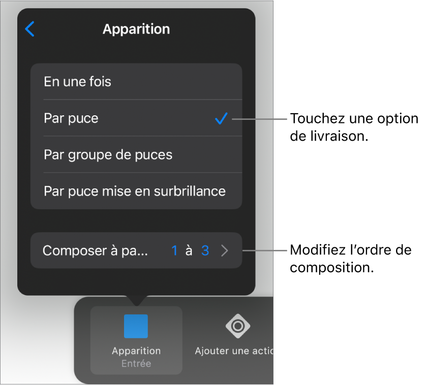 Options d’apparition de la sous-fenêtre Entrée.