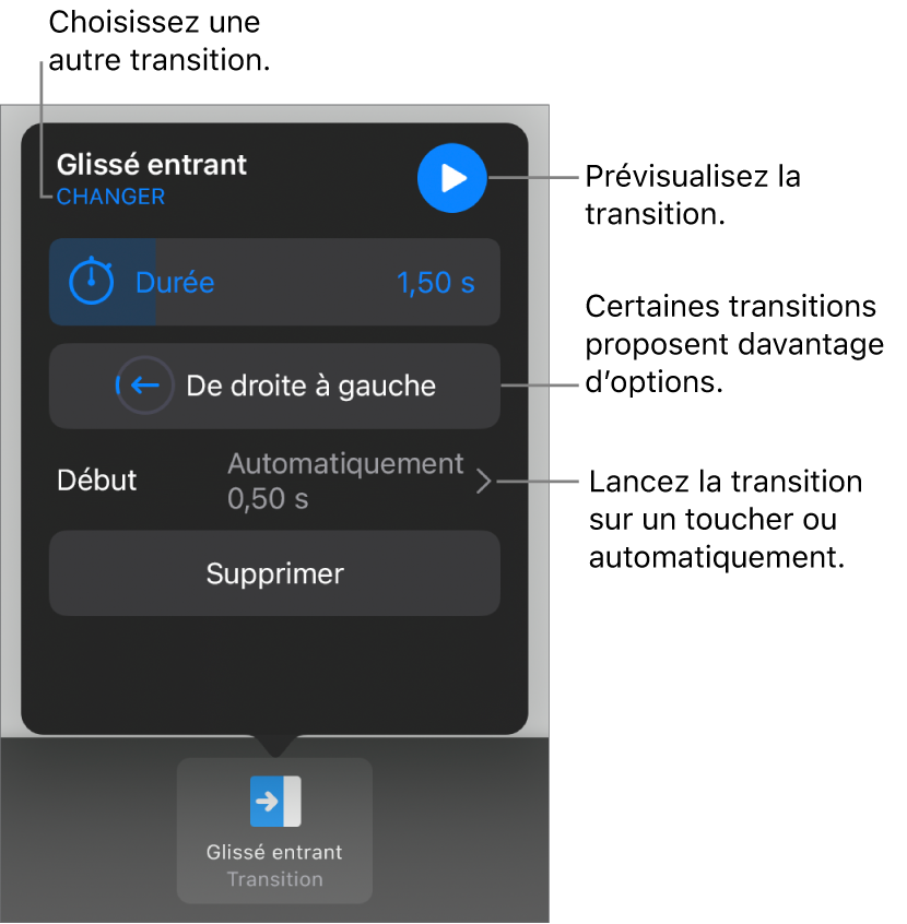 Commandes de la sous-fenêtre Options permettant de modifier une transition.