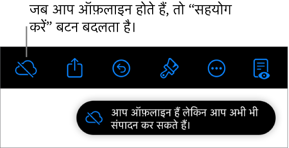 स्क्रीन के शीर्ष पर बटन, जहाँ मौजूद “सहयोग करें” बटन विकर्ण रेखा वाले क्लाउड में बदल जाता है। स्क्रीन पर एक अलर्ट कहता है, “आप ऑफ़लाइन हैं लेकिन अब भी संपादित कर सकते हैं।”