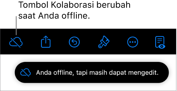 Tombol di bagian atas layar, dengan tombol Kolaborasikan berubah menjadi awan dengan garis diagonal melaluinya. Peringatan di layar bertuliskan “Anda offline tapi masih dapat mengedit”.