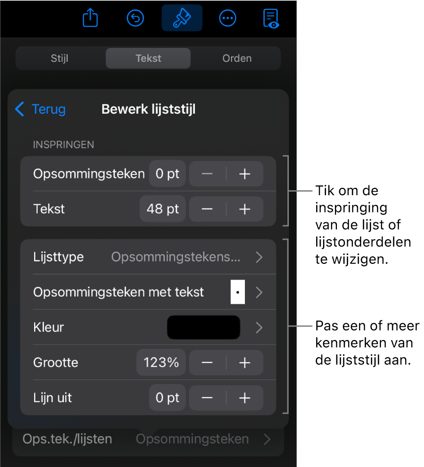 Het menu 'Bewerk lijststijl' met regelaars voor het wijzigen van het lijsttype en de vormgeving van de lijst.