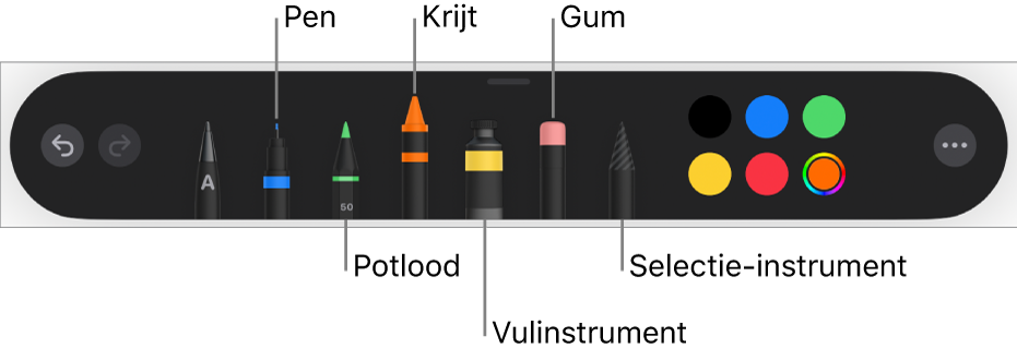 De knoppenbalk voor tekenen met een pen, potlood, krijt, vulinstrument, gum en selectie-instrument en een kleurenvak met de huidige kleur.