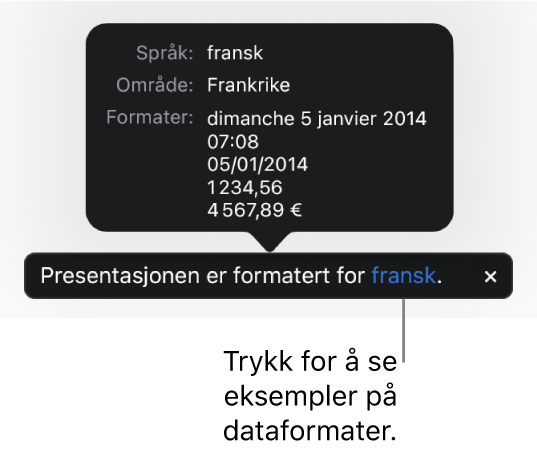 Varsling som viser en annen språk- og regionsinnstilling, med eksempler på formatering for det språket og den regionen.