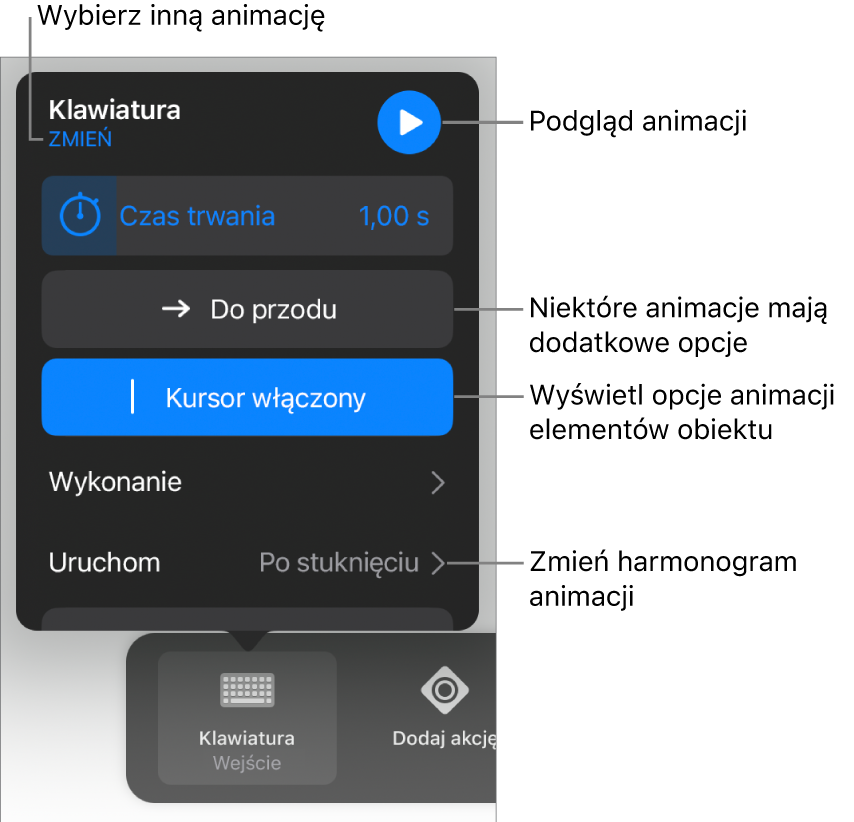 Widoczne są opcje animacji: Czas trwania, Wykonanie oraz Rozpoczęcie. Stuknij w Zmień, aby wybrać inną animację. Stuknij w Podgląd, aby zobaczyć podgląd animacji.