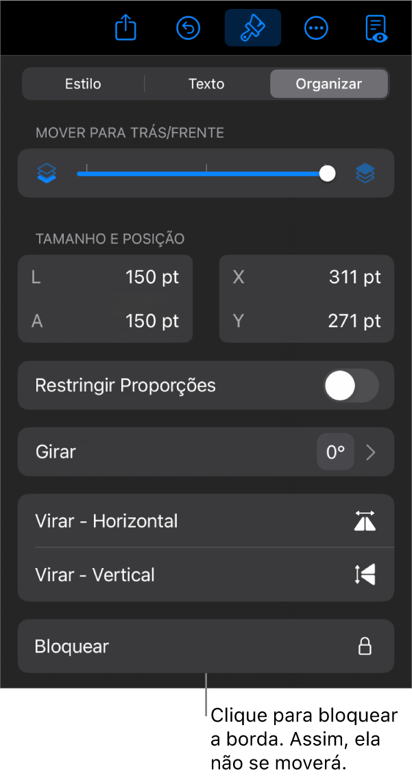 Controles de Organizar no menu Formatar, com o botão Bloquear destacado.