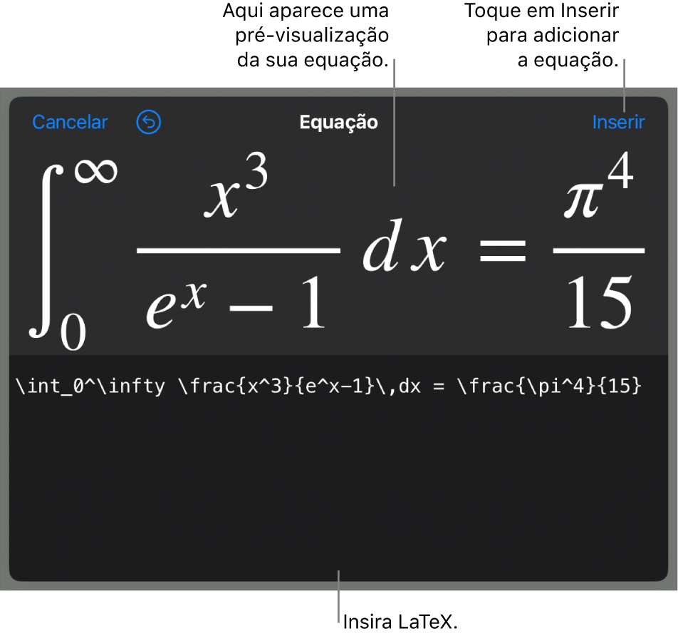 O diálogo de Equação, mostrando uma equação escrita com comandos LaTex e uma pré-visualização da fórmula acima.