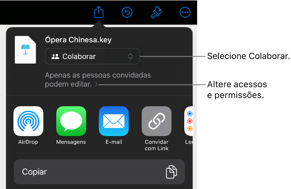 Menu Compartilhar com Colaborar selecionado na parte superior e os ajustes de acesso e permissão abaixo.