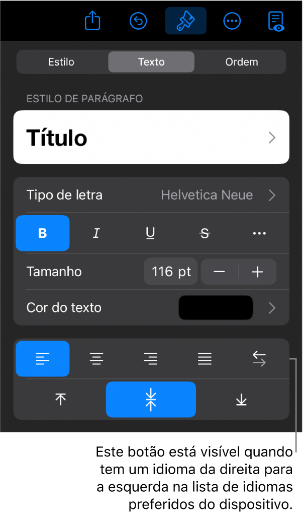 Controlos de texto no menu “Formatação” com uma chamada para o botão “Da esquerda para a direita”.