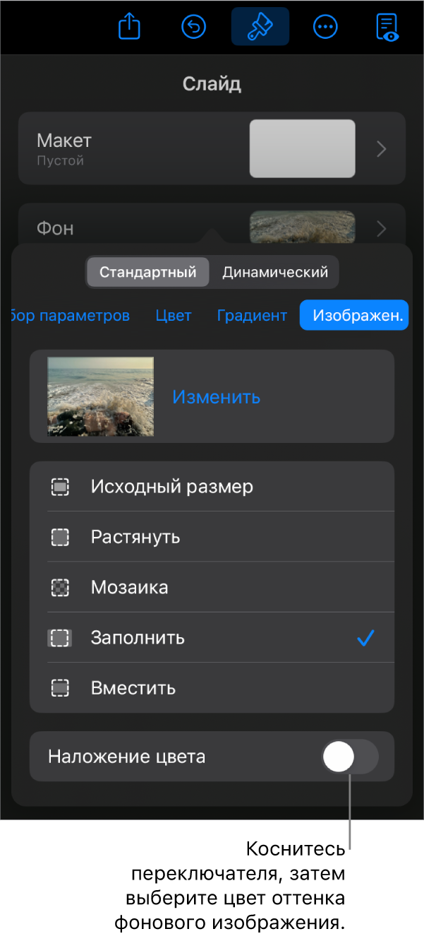 Показаны элементы управления фоном; в качестве фона слайда выбрано изображение, в нижней части расположен элемент управления «Наложение цвета».