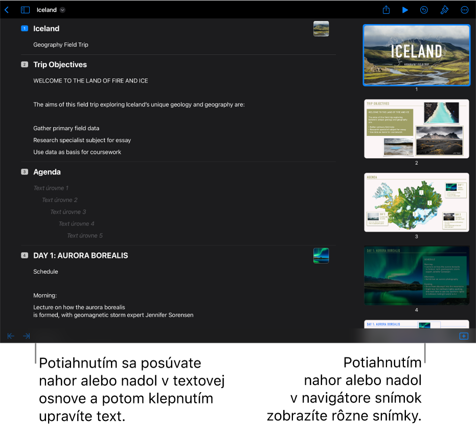 Zobrazenie osnovy s osnovou textu na ľavej strane obrazovky a so zvislým navigátorom snímok na pravej strane.
