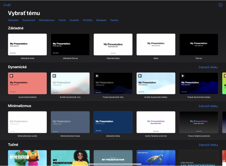 Výber tém zobrazujúci v hornej časti riadok kategórií, na ktoré môžete klepnúť a filtrovať tak možnosti. Nižšie sú miniatúry preddefinovaných tém usporiadané do riadkov podľa kategórií.