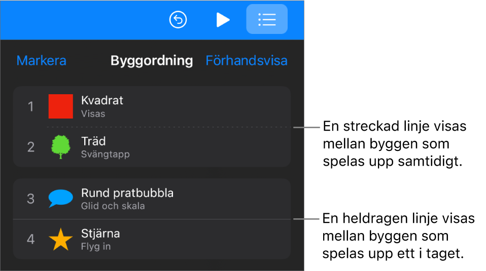 Menyn Byggordning med en streckad linje som visas mellan byggen som spelas upp samtidigt och en hel linje mellan byggen som spelas upp ett i taget.