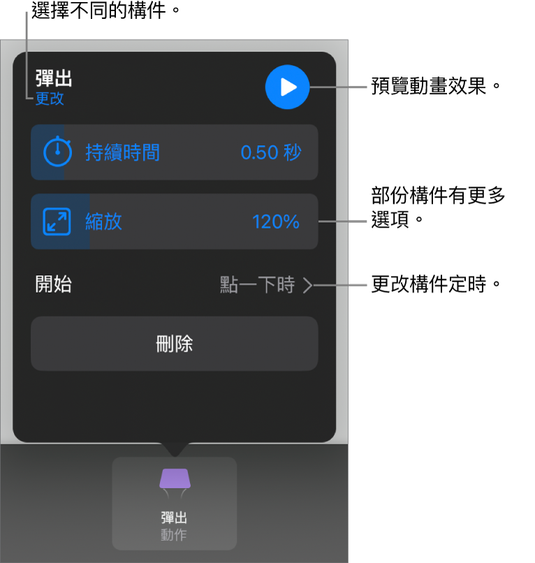 構件選項包含「持續時間」和「開始時間」。點一下「更改」來選擇不同構件，或點一下「預覽」來預覽構件。