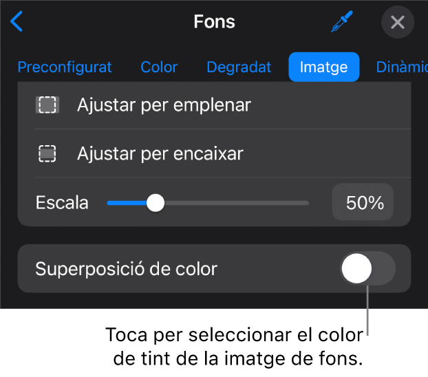 Els controls del fons amb una imatge com a fons de diapositiva i el control “Superposició de color” a la part inferior.