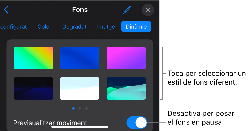 Els controls de fons dinàmic on es mostren les miniatures de l’estil de fons i el botó “Previsualitzar moviment”.