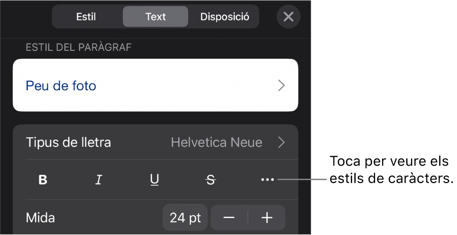 Els controls de Format amb estils de paràgraf a la part superior i, després, els controls de “Tipus de lletra”. A sota de “Tipus de lletra” hi ha els botons Negreta, Cursiva, Subratllat, Ratllat i “Més opcions de text”.