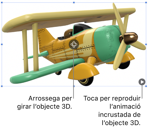 Un objecte 3D amb el botó Girar al mig de l’objecte i el botó Reproduir a l’angle inferior dret.