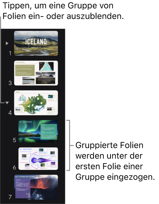 Foliennavigator mit eingerückten Folien