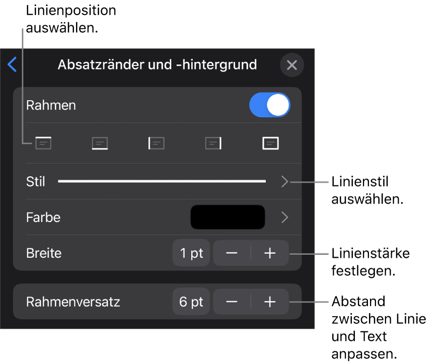 Steuerelemente, um Stil, Stärke, Position und Farbe der Linie zu ändern.