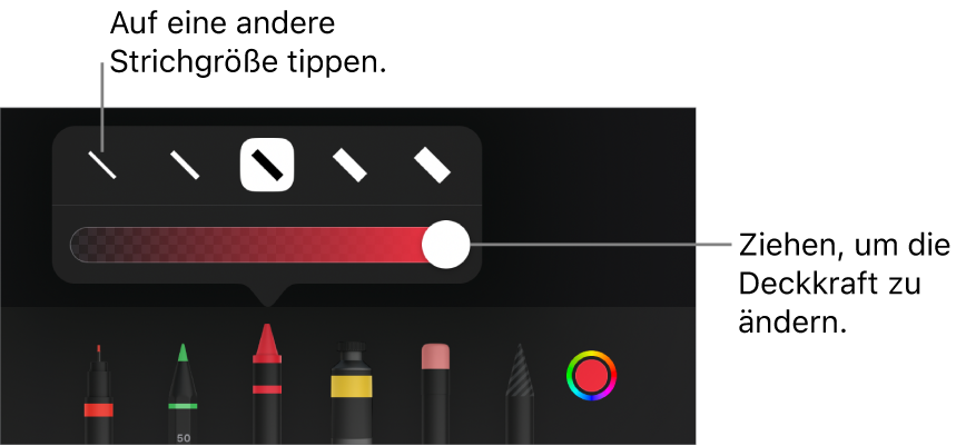 Steuerelemente zum Auswählen einer Strichstärke und ein Schieberegler zum Anpassen der Deckkraft