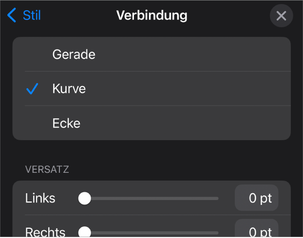 Die Steuerelemente im Abschnitt „Verbindung“ mit dem ausgewählten Element „Kurve“.