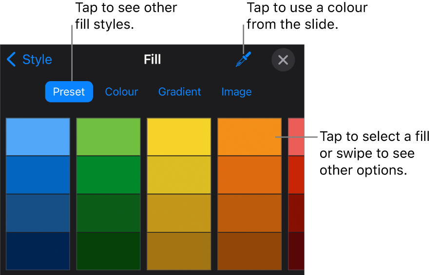 Fill options in the Style tab.