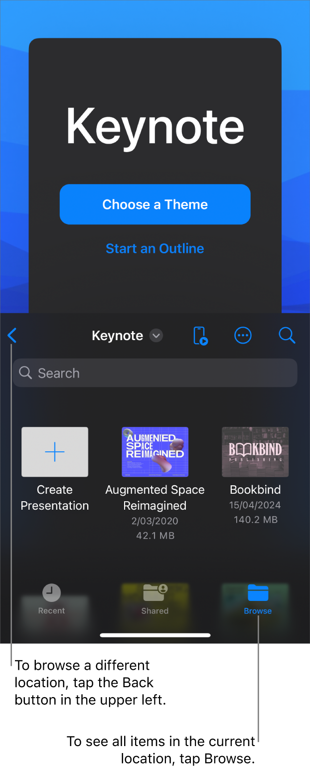 The browse view of the presentation manager with a location link in the top-left corner and below it a Search field. In the top-right corner are the Add, More and Remote buttons. At the bottom of the screen are the Recents, Shared and Browse buttons.