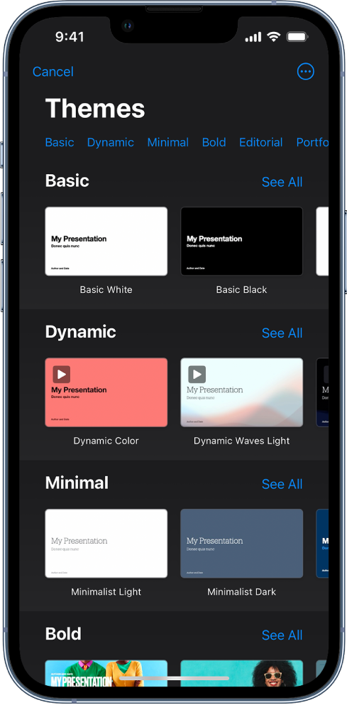  The theme chooser, showing a row of categories across the top that you can tap to filter the options. Below are thumbnails of pre-designed themes arranged in rows by category.