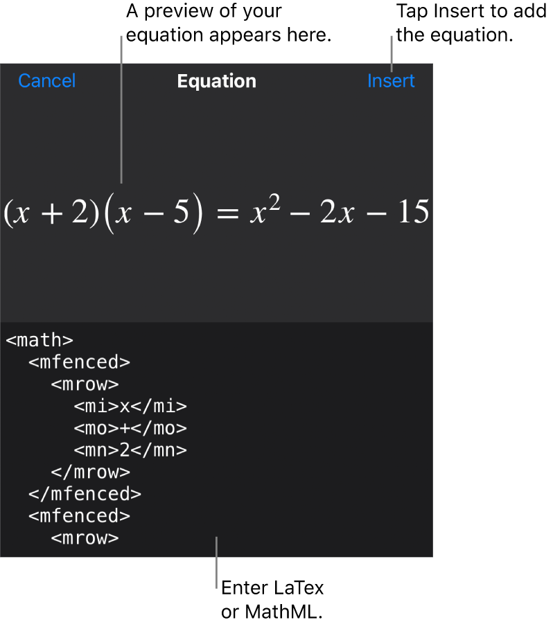 The Equation dialogue, showing an equation written using MathML commands, and a preview of the formula above.