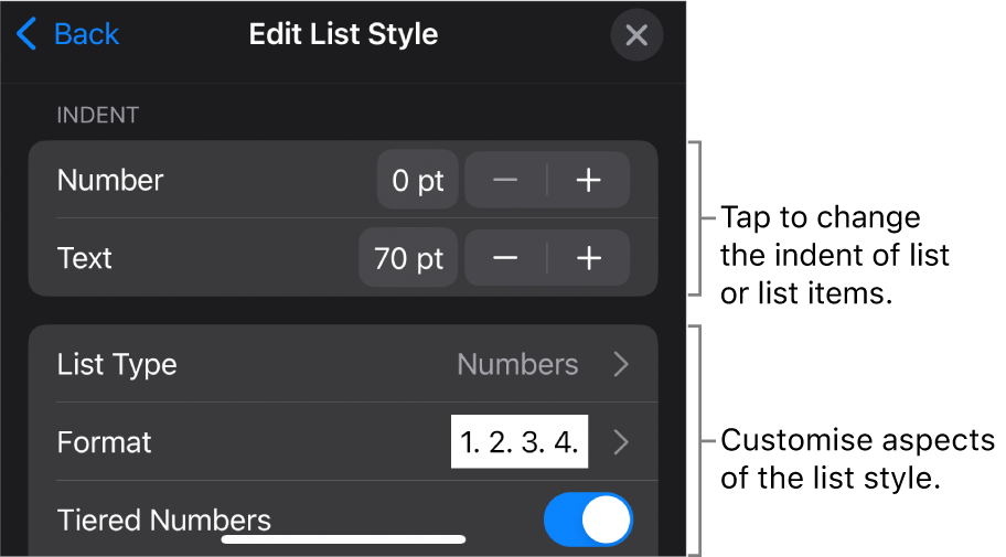 Edit List Style menu with controls for editing the list’s type and appearance.