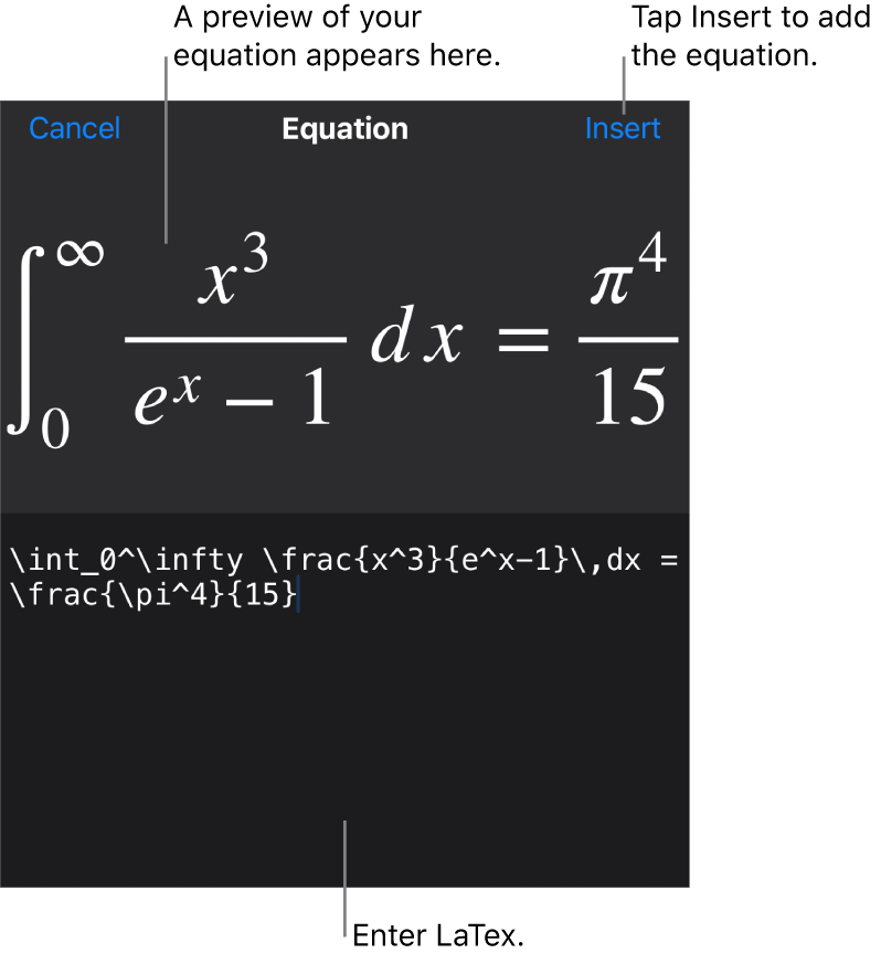 The Equation dialogue, showing an equation written using LaTex commands, and a preview of the formula above.