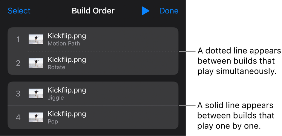 The Build Order menu, with a dotted line appearing between builds that play simultaneously and a solid line between builds that play one by one.