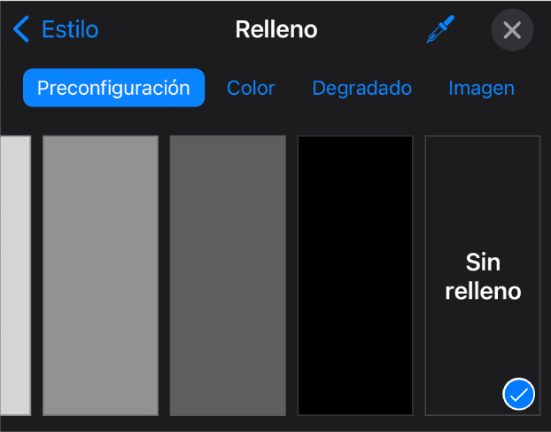 Los controles Relleno con la opción Sin Relleno seleccionada.