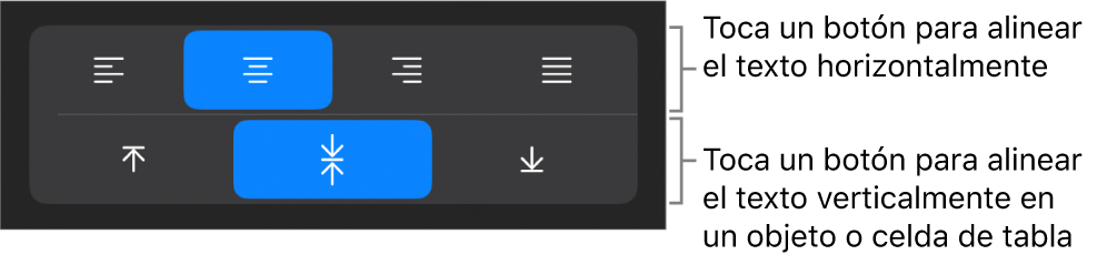 Botones de alineación horizontal y vertical para el texto.
