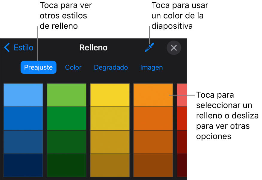 Opciones de Relleno en la pestaña Estilo.