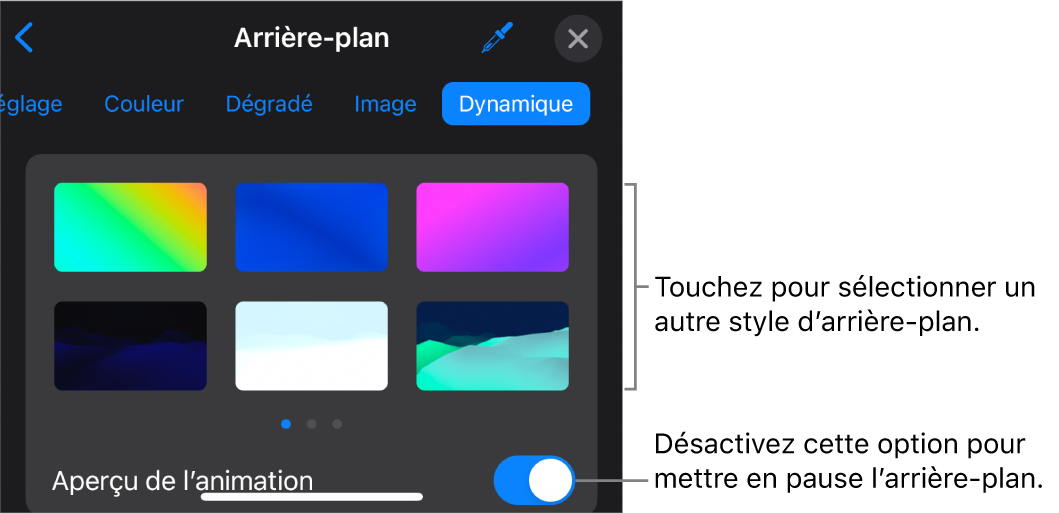 Les commandes liées aux arrière-plans dynamiques avec les vignettes des styles d’arrière-plans et le bouton « Prévisualiser le mouvement » affichés.