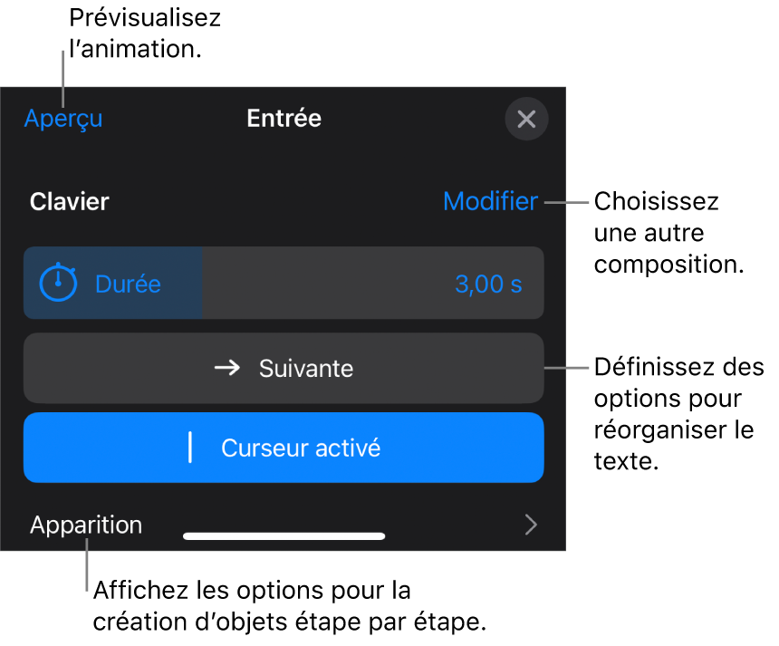 Les options de composition comprennent Durée, Animation du texte et Apparition. Touchez Modifier pour sélectionner une autre composition ou touchez Aperçu pour afficher un aperçu de la composition.