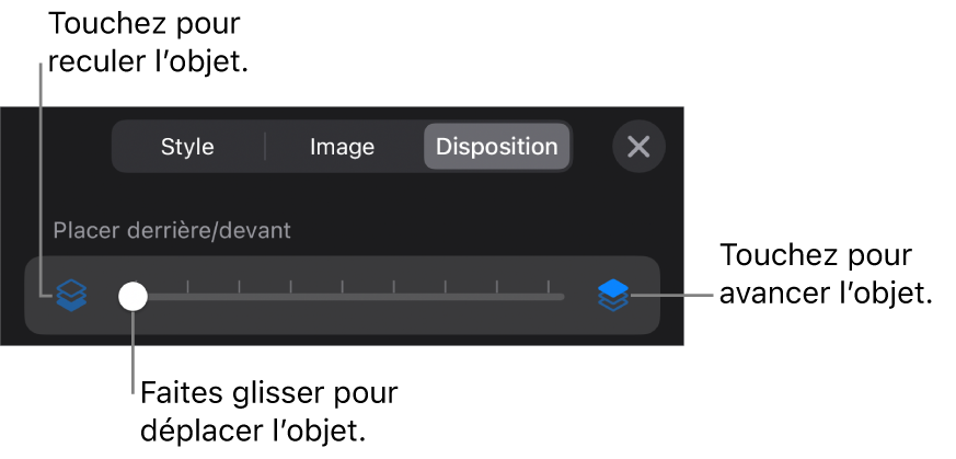 Le bouton de déplacement vers l’arrière, le bouton de déplacement vers l’avant et le curseur de superposition.